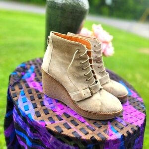 Madewell Suede Lace Up WEDGE Booties MONK strap Buckle 3.5" HEIGHT SZ 9.5